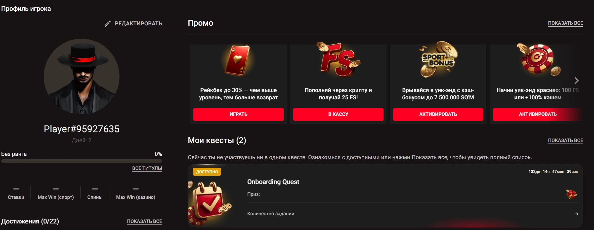 Профиль игрока и квесты Pinco